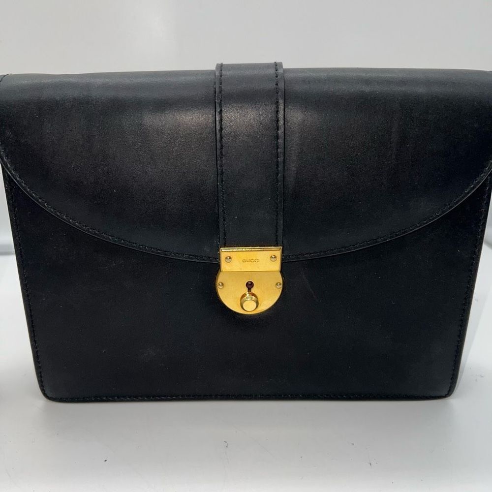Gucci Vintage Black Leather Padlock Clutch Gold Tone Hardware